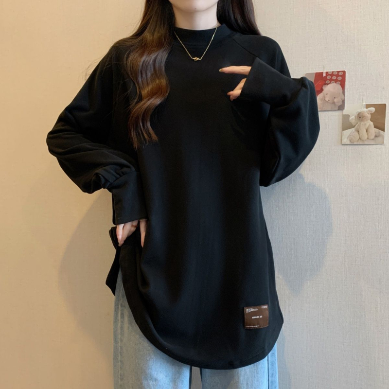 Ženski top s poluturtleneckom, dugim rukavima, labavim krojem, Derong materijal, toplo podstavljeno, korejski/japanski stil