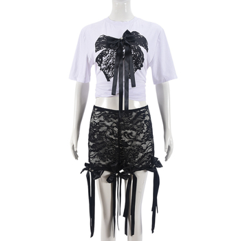 Дантелен комплект: топ Т‑шърт и панталони до 3/4 дължина, модел лък, полиестер-спандекс смес