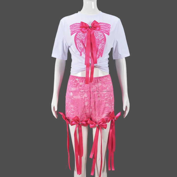 Дантелен комплект: топ Т‑шърт и панталони до 3/4 дължина, модел лък, полиестер-спандекс смес