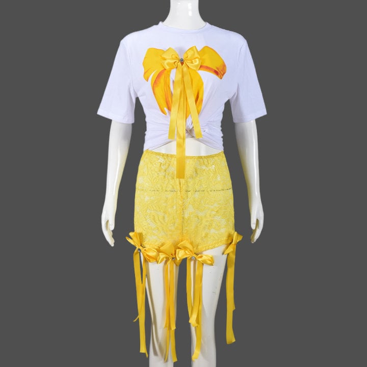 Дантелен комплект: топ Т‑шърт и панталони до 3/4 дължина, модел лък, полиестер-спандекс смес