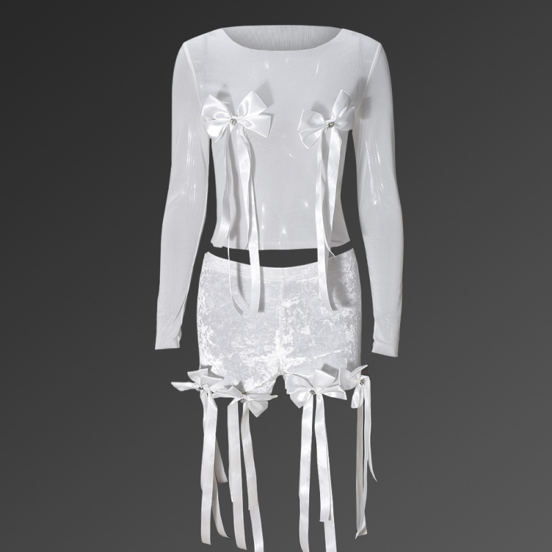 Дантелен комплект: топ Т‑шърт и панталони до 3/4 дължина, модел лък, полиестер-спандекс смес