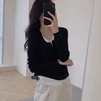 Ženski dugi rukav T‑shirt, korejski stil, asimetrični šavovi, lažni dvodijelni dizajn, uski kroj, poliester
