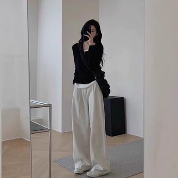 Ženski dugi rukav T‑shirt, korejski stil, asimetrični šavovi, lažni dvodijelni dizajn, uski kroj, poliester