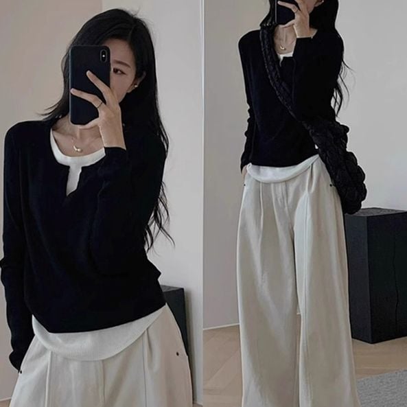 Ženski dugi rukav T‑shirt, korejski stil, asimetrični šavovi, lažni dvodijelni dizajn, uski kroj, poliester