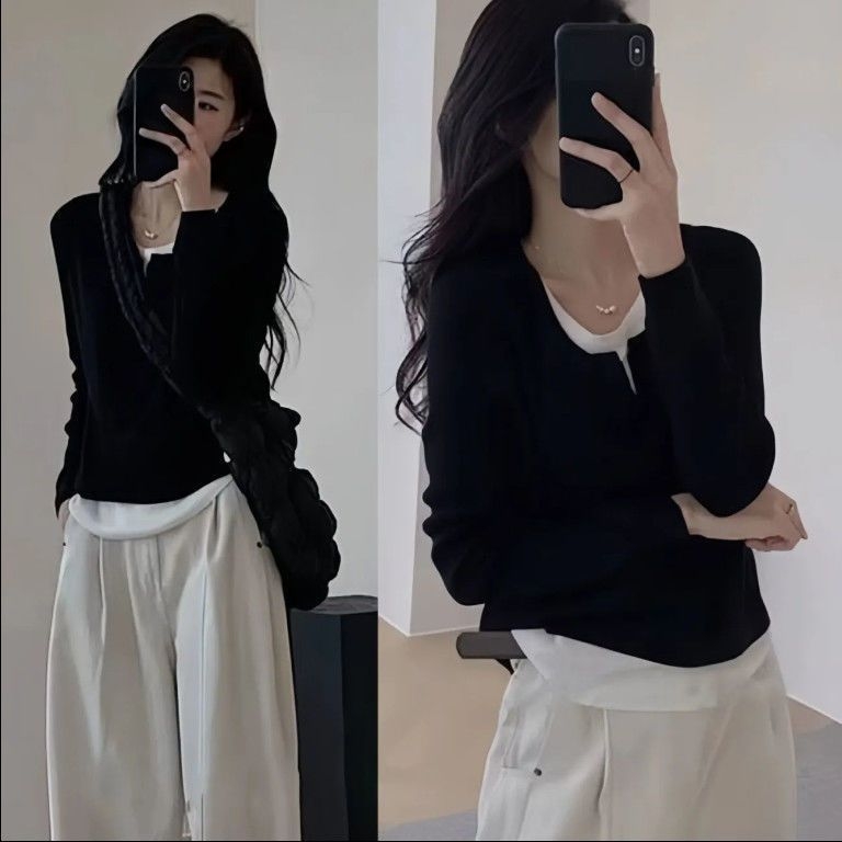 Ženski dugi rukav T‑shirt, korejski stil, asimetrični šavovi, lažni dvodijelni dizajn, uski kroj, poliester