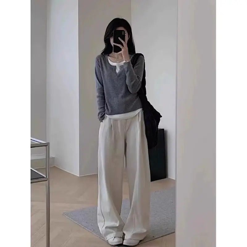 Ženski dugi rukav T‑shirt, korejski stil, asimetrični šavovi, lažni dvodijelni dizajn, uski kroj, poliester