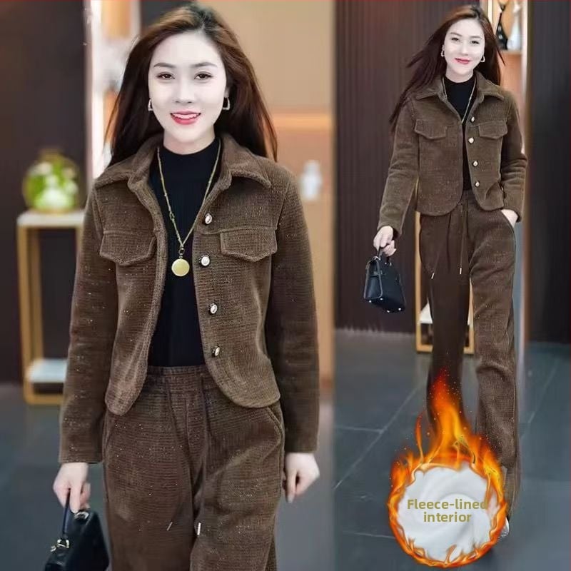 Дамски костюм две части за свободно време с геометричен принт, полиестер, есен 2025, японско-корейски стил