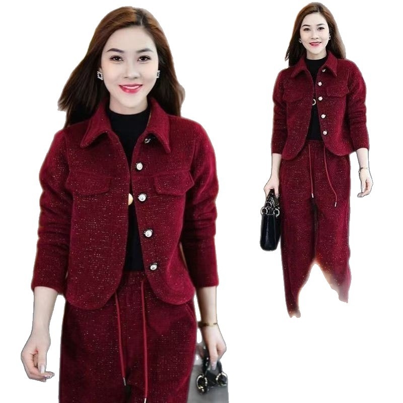 Дамски костюм две части за свободно време с геометричен принт, полиестер, есен 2025, японско-корейски стил