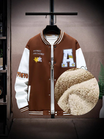 Baseball jakna, debeli sloj za jesen i zimu, slobodan kroj, pamuk s fleec podstavom, blok boja, stojeći ovratnik