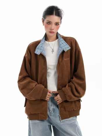 Бейзболно яке с каре замшено плюшено, свободен силует, лапеля яка, цип, полиестерна материя