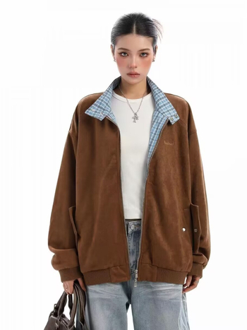 Бейзболно яке с каре замшено плюшено, свободен силует, лапеля яка, цип, полиестерна материя