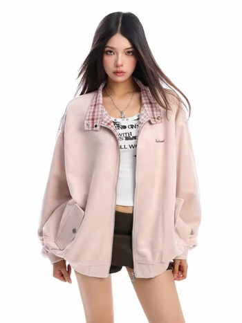 Бейзболно яке с каре замшено плюшено, свободен силует, лапеля яка, цип, полиестерна материя