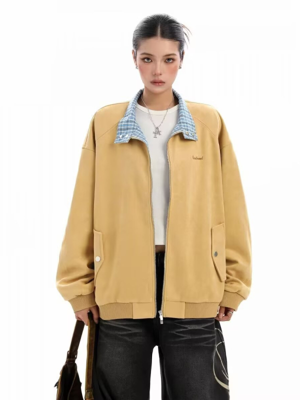 Бейзболно яке с каре замшено плюшено, свободен силует, лапеля яка, цип, полиестерна материя