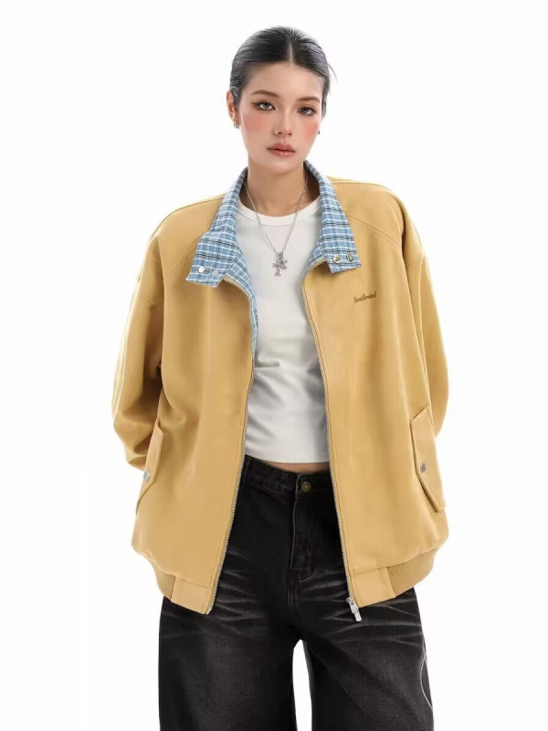 Бейзболно яке с каре замшено плюшено, свободен силует, лапеля яка, цип, полиестерна материя