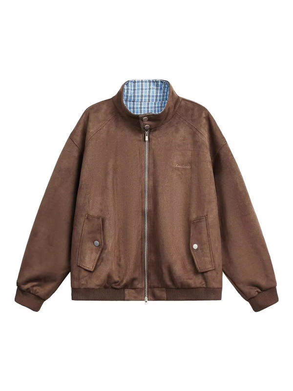 Бейзболно яке с каре замшено плюшено, свободен силует, лапеля яка, цип, полиестерна материя