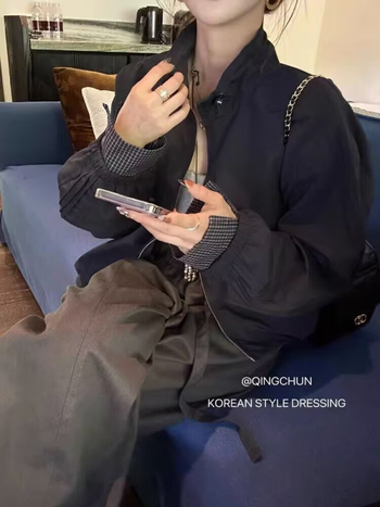 Повседневно бейзболно яке с каре и стойкова яка, цип, свободна кройка, полиестерна тъкан