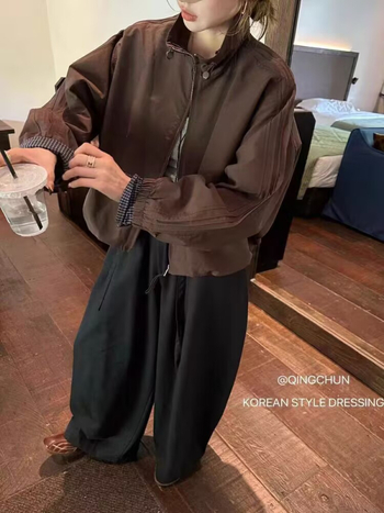 Повседневно бейзболно яке с каре и стойкова яка, цип, свободна кройка, полиестерна тъкан