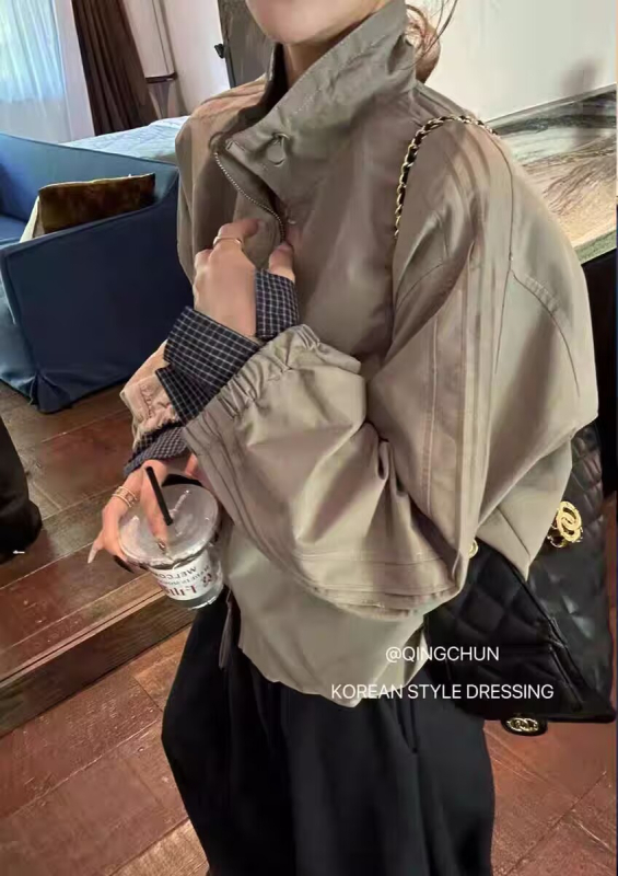 Повседневно бейзболно яке с каре и стойкова яка, цип, свободна кройка, полиестерна тъкан