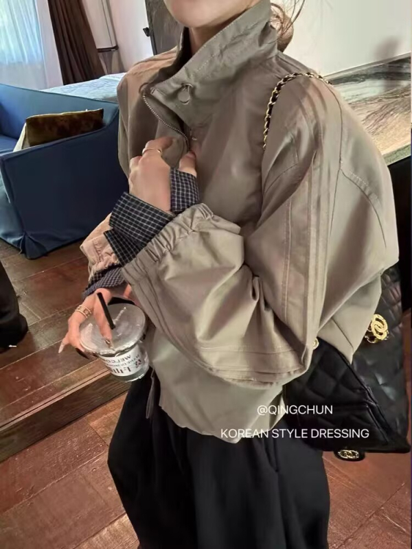 Повседневно бейзболно яке с каре и стойкова яка, цип, свободна кройка, полиестерна тъкан