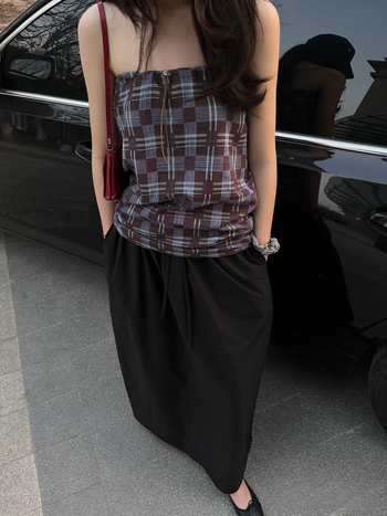 100% medvilninis languotas tiesus sijonas suaugusioms moterims; vidutinio ilgio 50–65 cm; japonų-korejiečių laisvalaikio stilius.