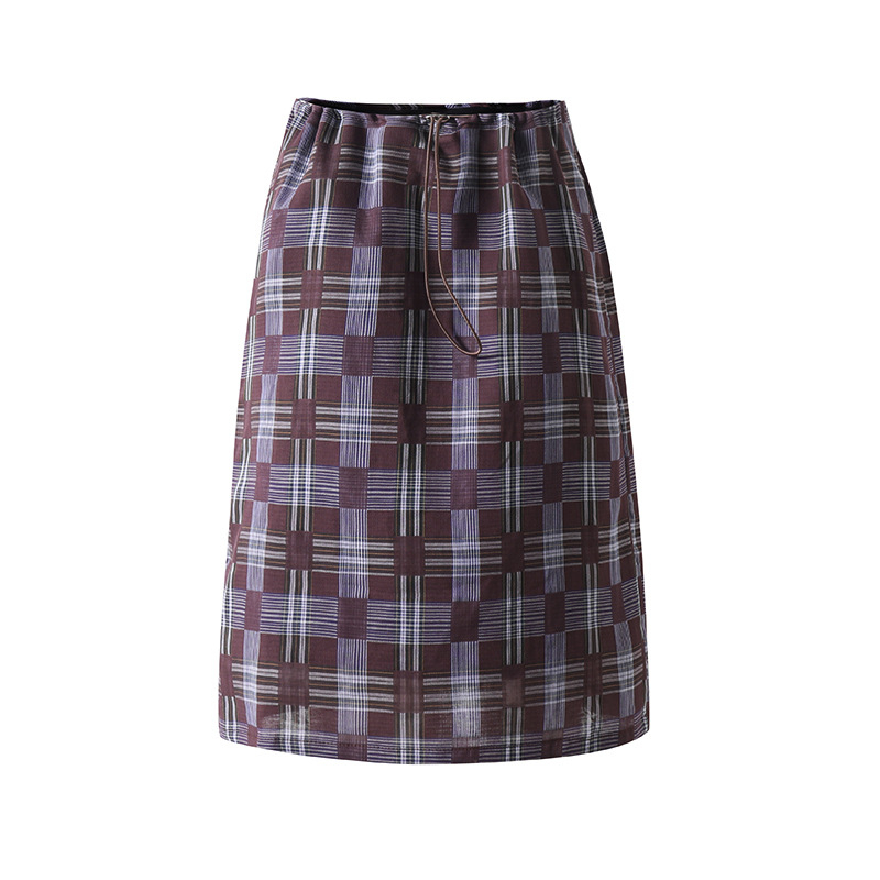 100% medvilninis languotas tiesus sijonas suaugusioms moterims; vidutinio ilgio 50–65 cm; japonų-korejiečių laisvalaikio stilius.