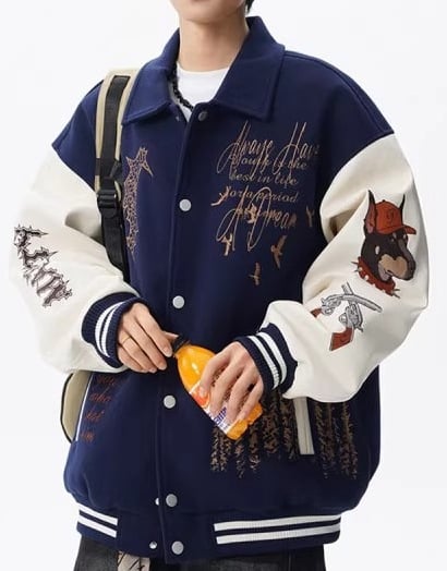 Našivena američka bejzbol jakna, vodootporna, unisex, opuštenog kroja, rever, jednostruko kopčanje, glavni materijal 90% poliester