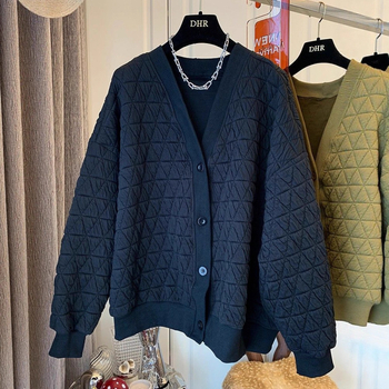 Женско диамантово подплатено бейзболно яке, свободен крой, V-образно деколте, дълги ръкави, полиестер