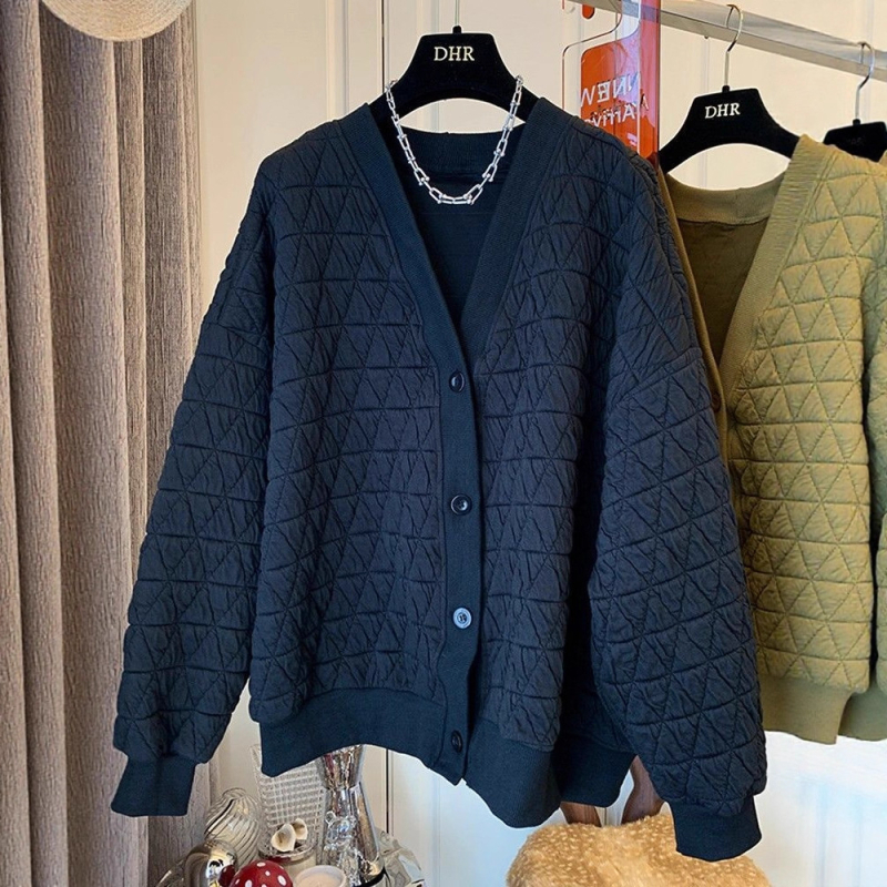 Женско диамантово подплатено бейзболно яке, свободен крой, V-образно деколте, дълги ръкави, полиестер