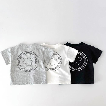 Vaikų medvilniniai marškinėliai su trumpomis rankovėmis ir meškiuko karikatūra, apvalus kaklo iškirpimas, vasara, 100% medvilnė, amžius 3–8 m