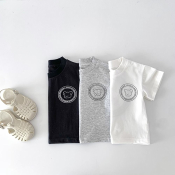 Vaikų medvilniniai marškinėliai su trumpomis rankovėmis ir meškiuko karikatūra, apvalus kaklo iškirpimas, vasara, 100% medvilnė, amžius 3–8 m