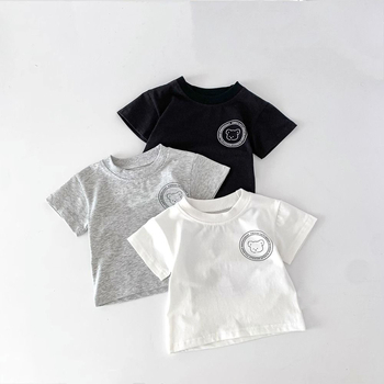 Vaikų medvilniniai marškinėliai su trumpomis rankovėmis ir meškiuko karikatūra, apvalus kaklo iškirpimas, vasara, 100% medvilnė, amžius 3–8 m