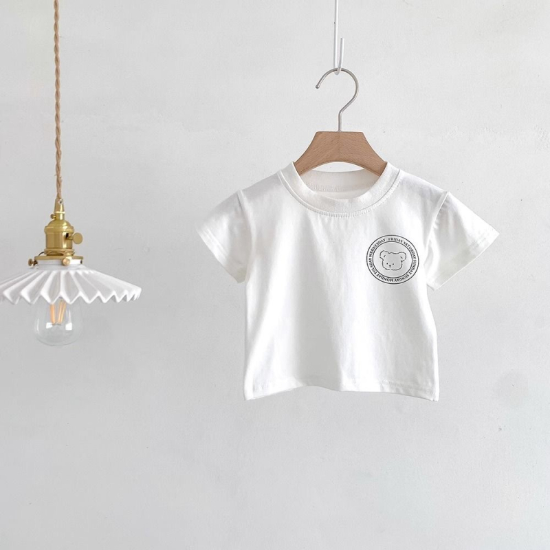 Vaikų medvilniniai marškinėliai su trumpomis rankovėmis ir meškiuko karikatūra, apvalus kaklo iškirpimas, vasara, 100% medvilnė, amžius 3–8 m