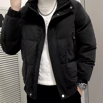 Muški zimski kaput od poliestera s stojećim ovratnikom, zatvaračem, slobodnim krojem, poliesterom za punjenje i trodimenzionalnim džepovima.