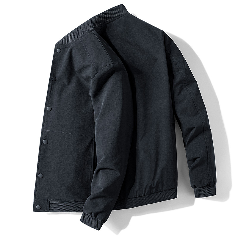 Pánska bunda na jar a jeseň, úzky strih, stojatý golier, jednoradové zapínanie, bez kapucne, polyesterový materiál