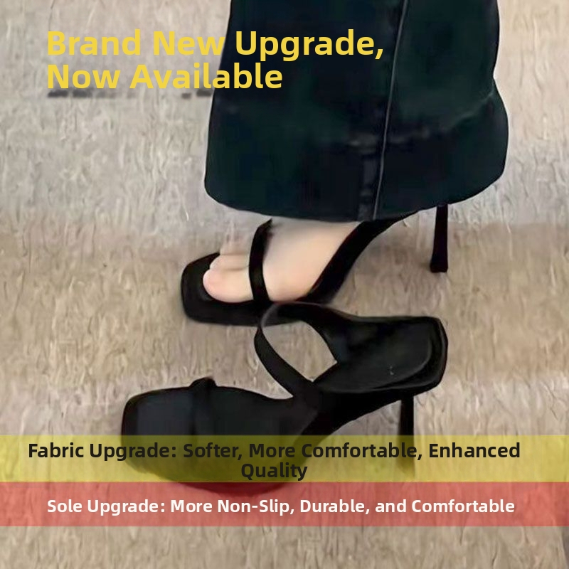 Dámske sandále na vysokom podpätku v korejskom štýle, štvorcová špička, vrchná časť z mikrovlákna, gumová podrážka, leto 2024