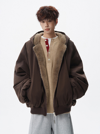 Pánska reverzibilná bunda z polyesteru s kapucňou, fleecová podšívka, zips, bočné vrecká, zimný štýl