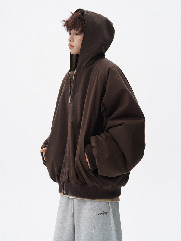 Pánska reverzibilná bunda z polyesteru s kapucňou, fleecová podšívka, zips, bočné vrecká, zimný štýl