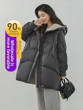Dámska dlhá zimná bunda s kapucňou, voľný strih, kačacie perie 86–90% obsahu, polyesterový materiál, výplň 101–200 g