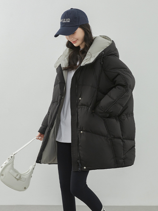 Dámska zimná bunda s výplňou z husieho downu, 86–90% obsah peria, hrubá izolácia, polyesterový materiál, voľný strih s kapucňou