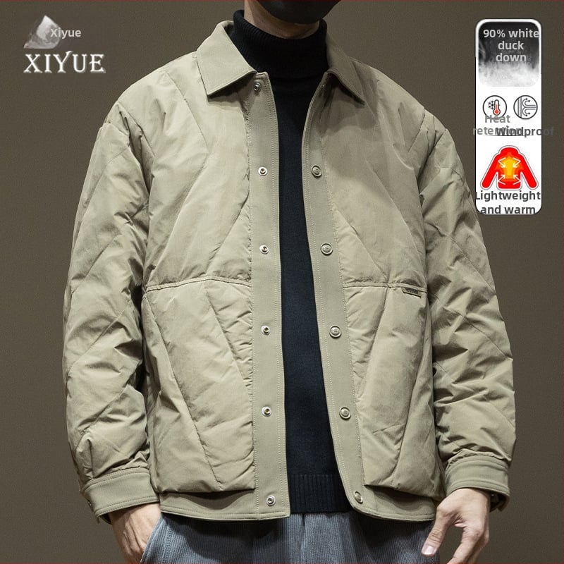 Prešívaná bunda s bielym kačacím perím, kapucňa, zips, voľný strih, zimný model