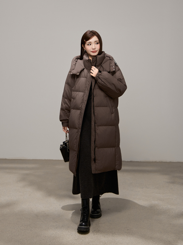 Γυναικείο μπουφάν με κουκούλα μέχρι το γόνατο, εξωτερικό ύφασμα πολυεστέρα, περιεκτικότητα σε πούπουλο 51–55%, γέμισμα 51–100 g