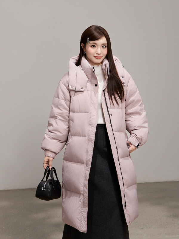 Γυναικείο μπουφάν με κουκούλα μέχρι το γόνατο, εξωτερικό ύφασμα πολυεστέρα, περιεκτικότητα σε πούπουλο 51–55%, γέμισμα 51–100 g