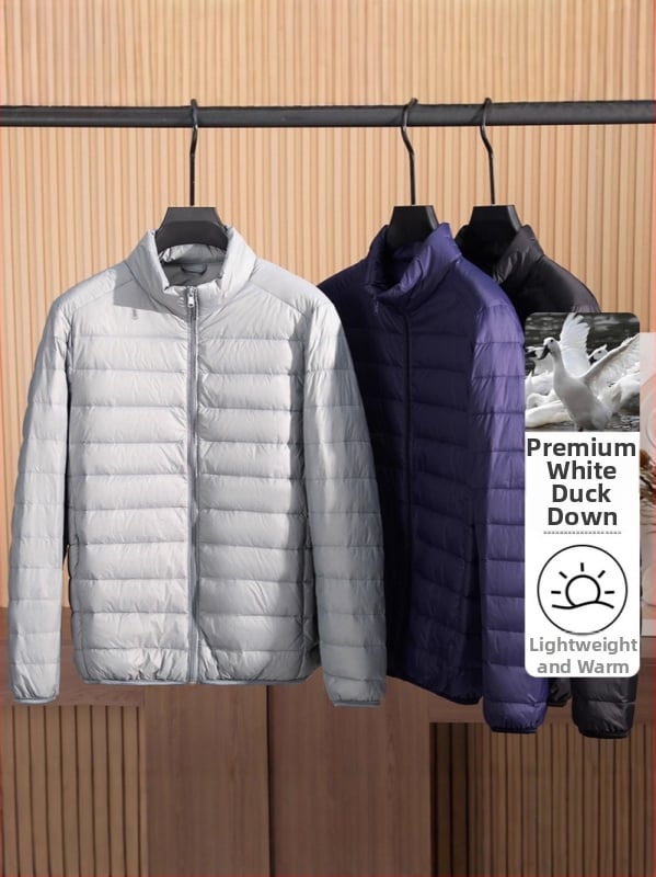 Pánska zimná ľahká bunda s kačacím downom, krátka, stojací golier, zips; obsah dole 86–90%, plniaca sila 550