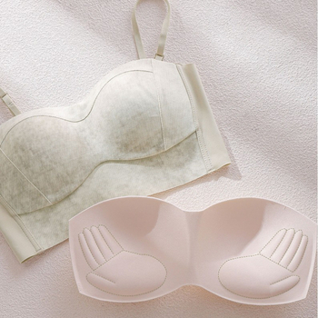 Bezšivni bandeau grudnjak s 3D košaricama, glavna tkanina nylon 70-80%, podstava pamuk 50-70%, odvojive dvostruke naramenice