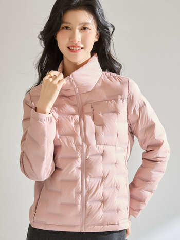 Dámska zimná bunda s 86–90% kačacích per, nylonový vonkajší materiál, úzky strih, stojací golier so zipsom