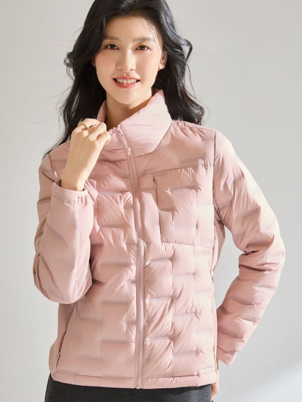 Dámska zimná bunda s 86–90% kačacích per, nylonový vonkajší materiál, úzky strih, stojací golier so zipsom