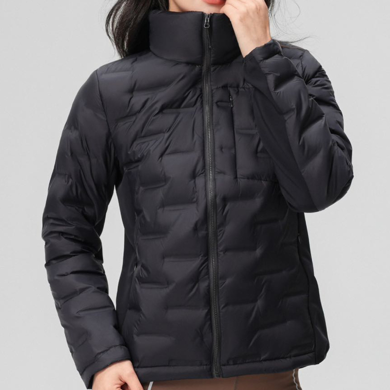 Dámska zimná bunda s 86–90% kačacích per, nylonový vonkajší materiál, úzky strih, stojací golier so zipsom