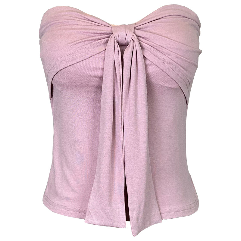 Korejos stiliaus be pečių viršutinis topas su kaspinu ir krūtinės pagalvėlėmis, lieknas kirpimas, viskozės audinys, mikroelastingumas