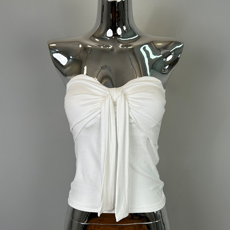 Korejos stiliaus be pečių viršutinis topas su kaspinu ir krūtinės pagalvėlėmis, lieknas kirpimas, viskozės audinys, mikroelastingumas