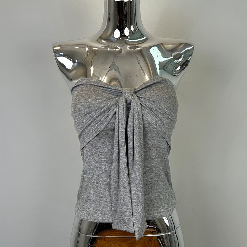 Korejos stiliaus be pečių viršutinis topas su kaspinu ir krūtinės pagalvėlėmis, lieknas kirpimas, viskozės audinys, mikroelastingumas